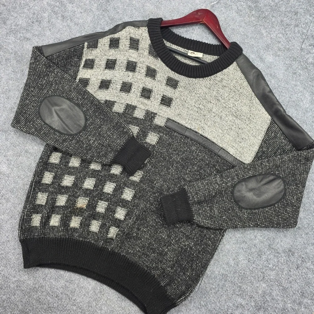 Sergio Barbieri Italy Wool Blend Geometric Sweater Leather Trim Mens 1XL Black